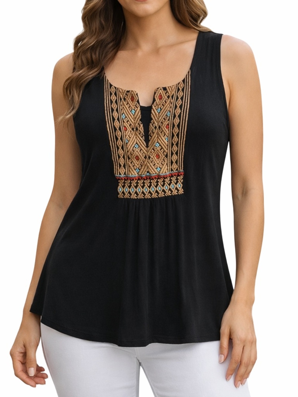 Aztec Embroidered Sleeveless Tunic Tank 
Top Boho Western Casual Chic L